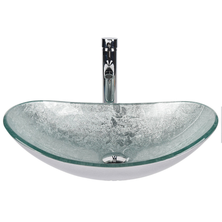 RAYS Silver Glass Hand Hammered Oval Vessel Bathroom Sink with Faucet